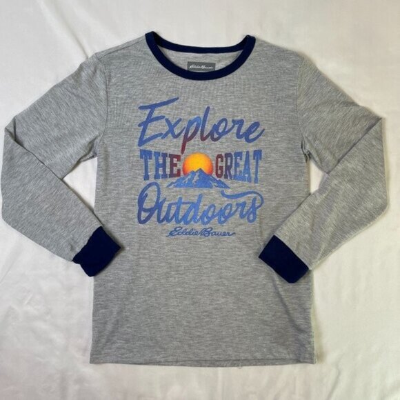 Eddie Bauer Boy's Size M Long Sleeve Tee Graphic Gray Blue Crew Neck - Picture 1 of 6